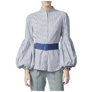 Silvia Tcherassi Celestia Belted Puff Sleeve Striped White Blue Blouse Size M